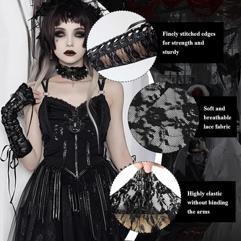 RainFlowwer Fingerless Gloves Steam Punk Goth Witch Long Elbow Arm Warmer Lace Sleeves for Costume Party Halloween Cosplay - Image 2